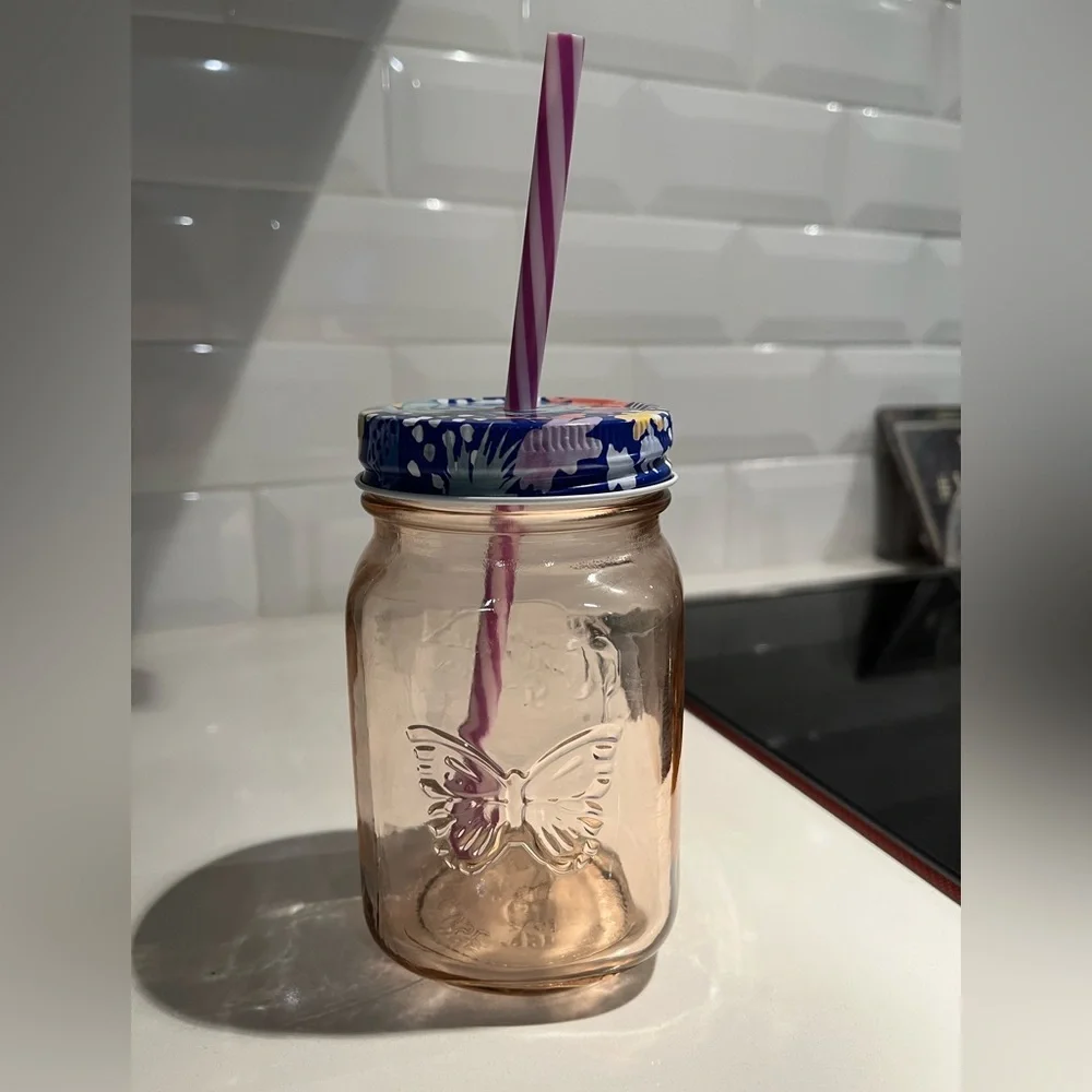 Pioneer Woman Rosewater Glass Mason Jar & Straw
